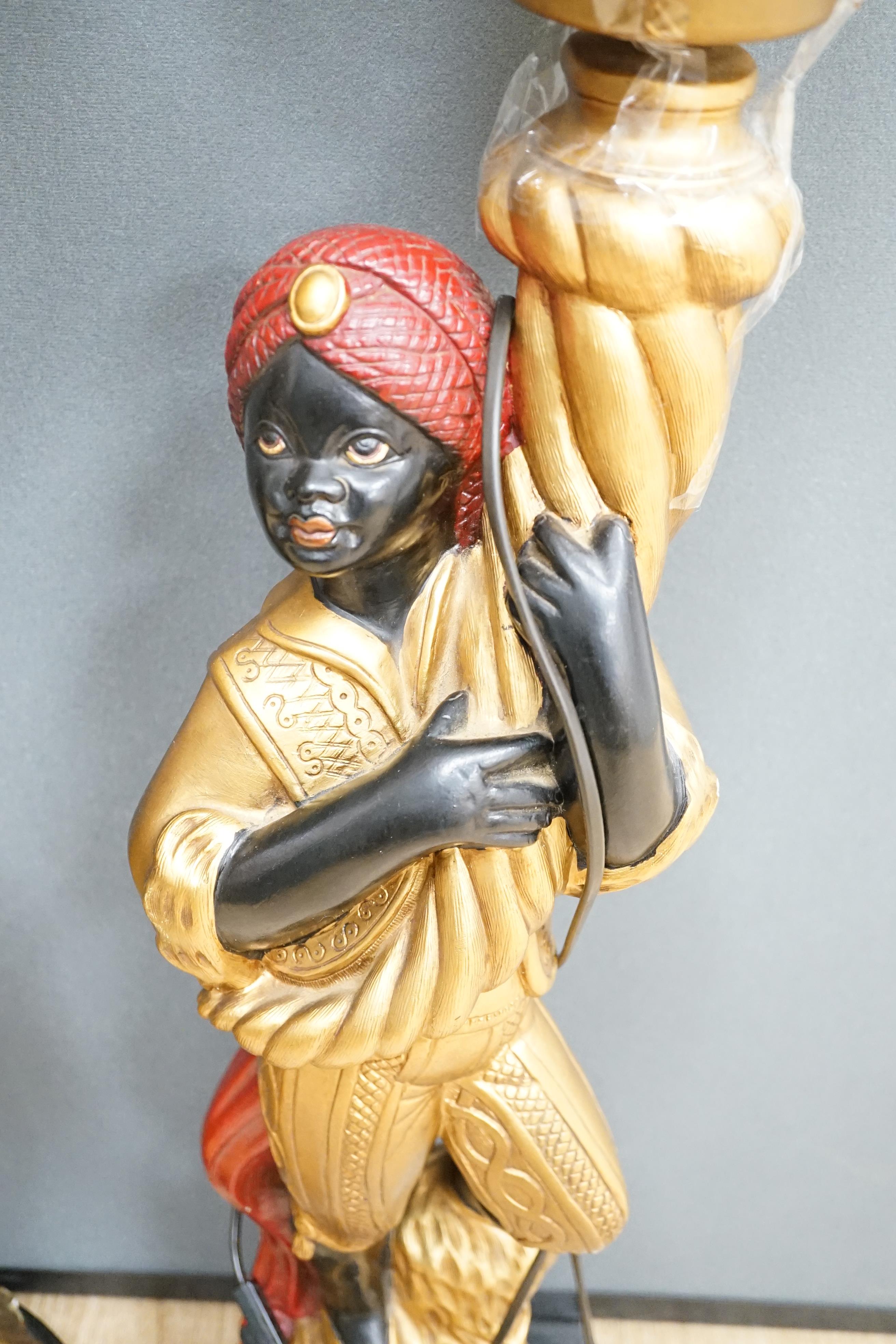 A moulded composition Blackamoor floor-lamp with glass torch shade, on stand, 158cm high